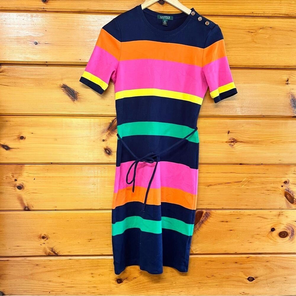 Lauren Dress Ralph Lauren Striped Midi Pink Orange Green Navy Short Sleeve VTG